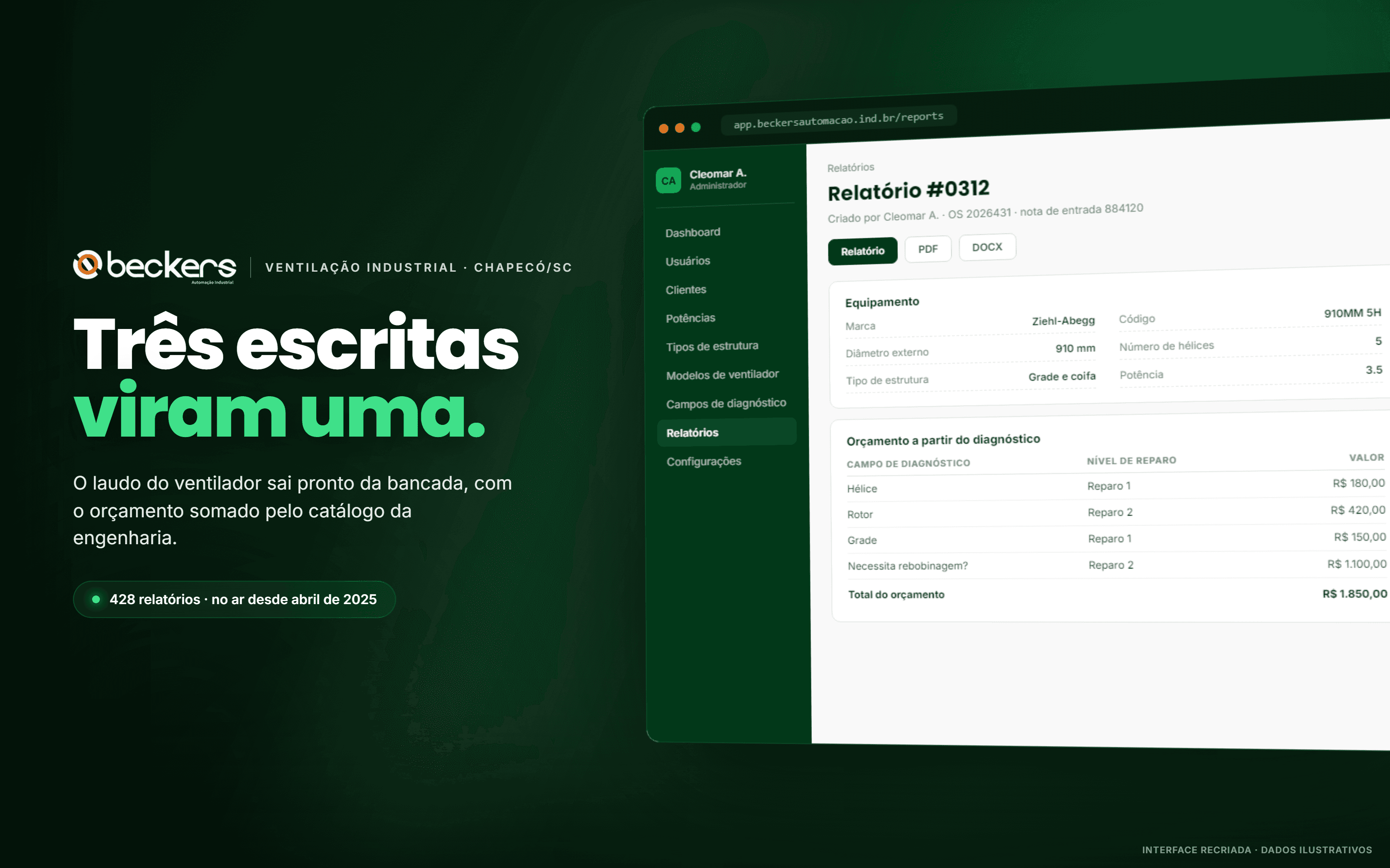 The report screen: work order, equipment, diagnosis and quote