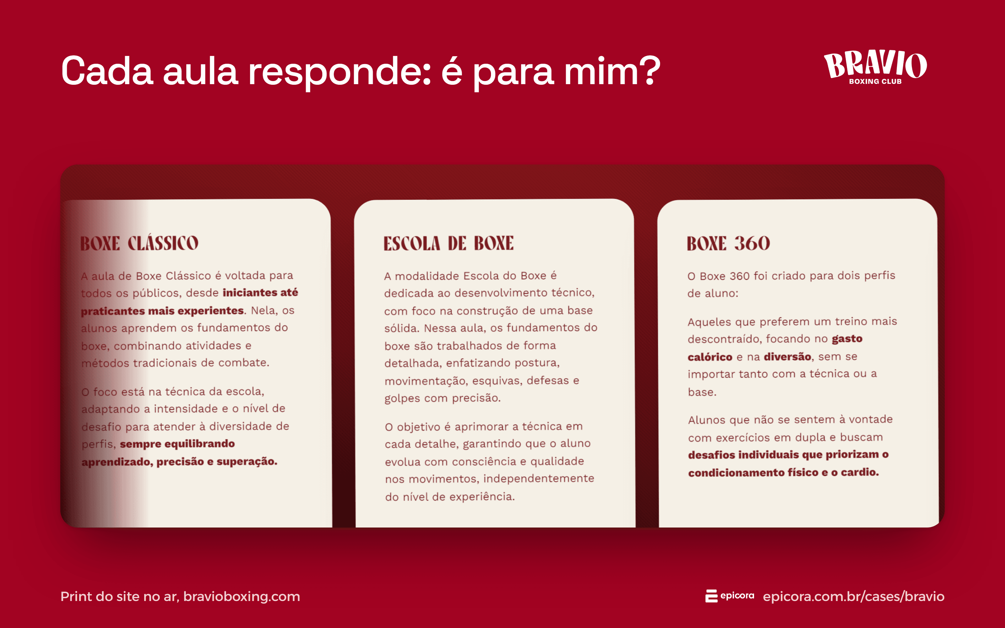 Screenshot of the disciplines section of the Bravio Combat Club website, with the Boxe Clássico, Escola de Boxe and Boxe 360 cards, each explaining who the class is for.