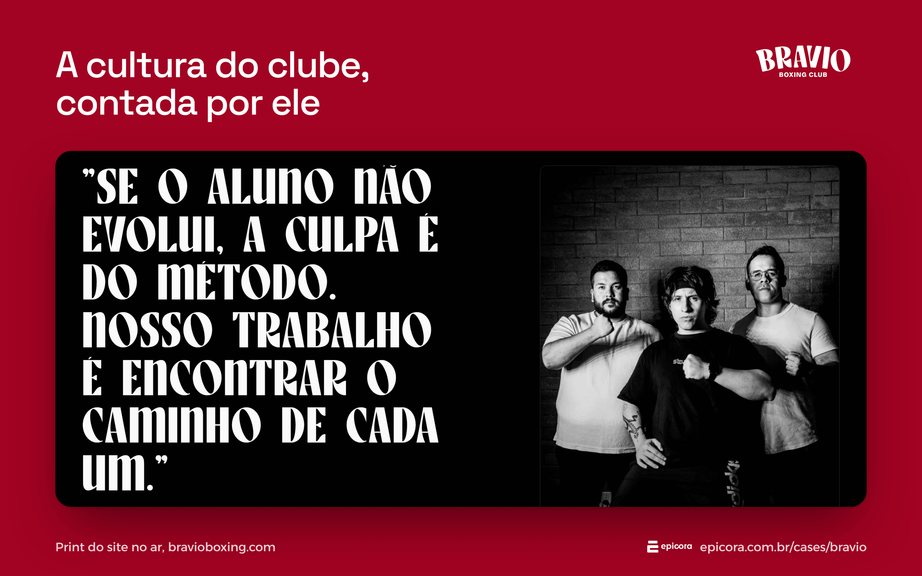Screenshot of the manifesto on the Bravio Combat Club website, with the line “if the student doesn't improve, the method is to blame” and the photo of the three founders.