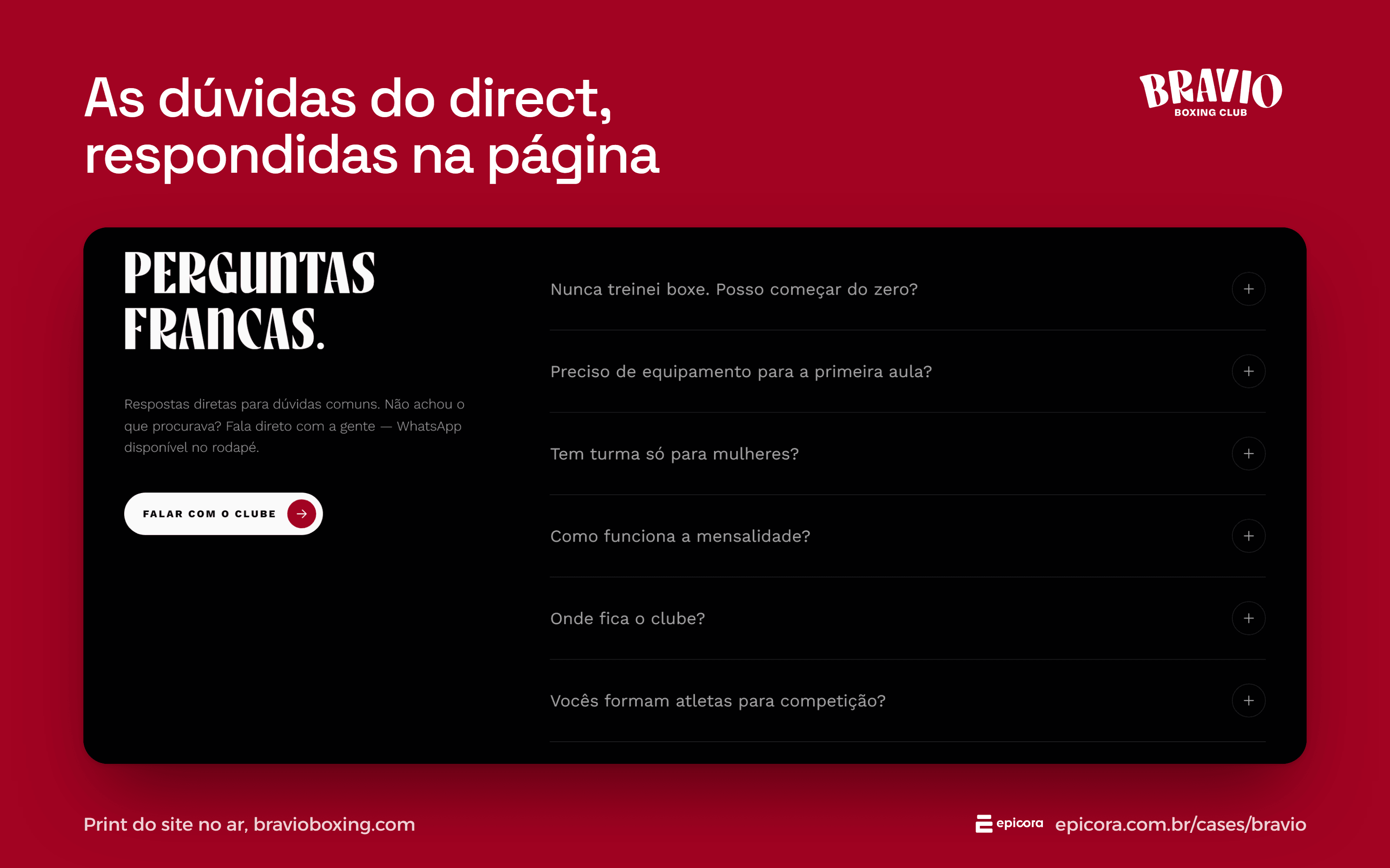Screenshot of the frank questions section of the Bravio Combat Club website, answering on the page what beginners ask, with the button to talk to the club.